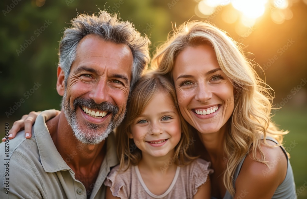 Fototapeta premium Happy family portrait outdoor during golden hour. Parents and daughter smiling warmly at camera, enjoying sunny day. Represents love and togetherness, cherishing moments.