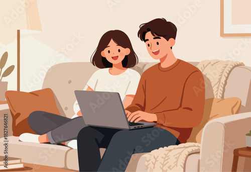 Illustration depicts a smiling couple on a couch, using a laptop in a cozy living room setting