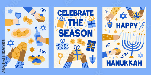Modern Hanukkah vector cards set. Cute jewish holidays print designs with menorah, candles, star of David, challah, latkes, donuts, sufganiot, dreidel illustrations