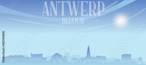 Blue panoramic poster of the city skyline with misty background buildings and clouds of ANTWERP, BELGIUM