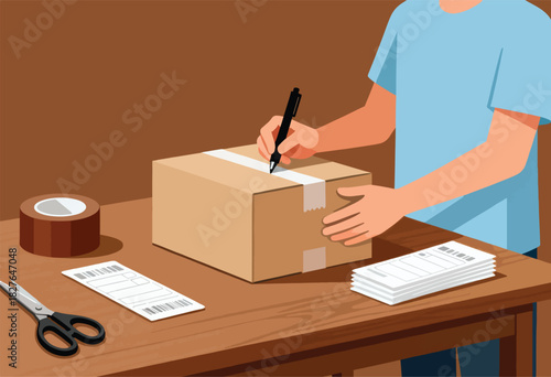 A person in a light blue shirt writes on a package. Scissors, tape, and labels are on the table