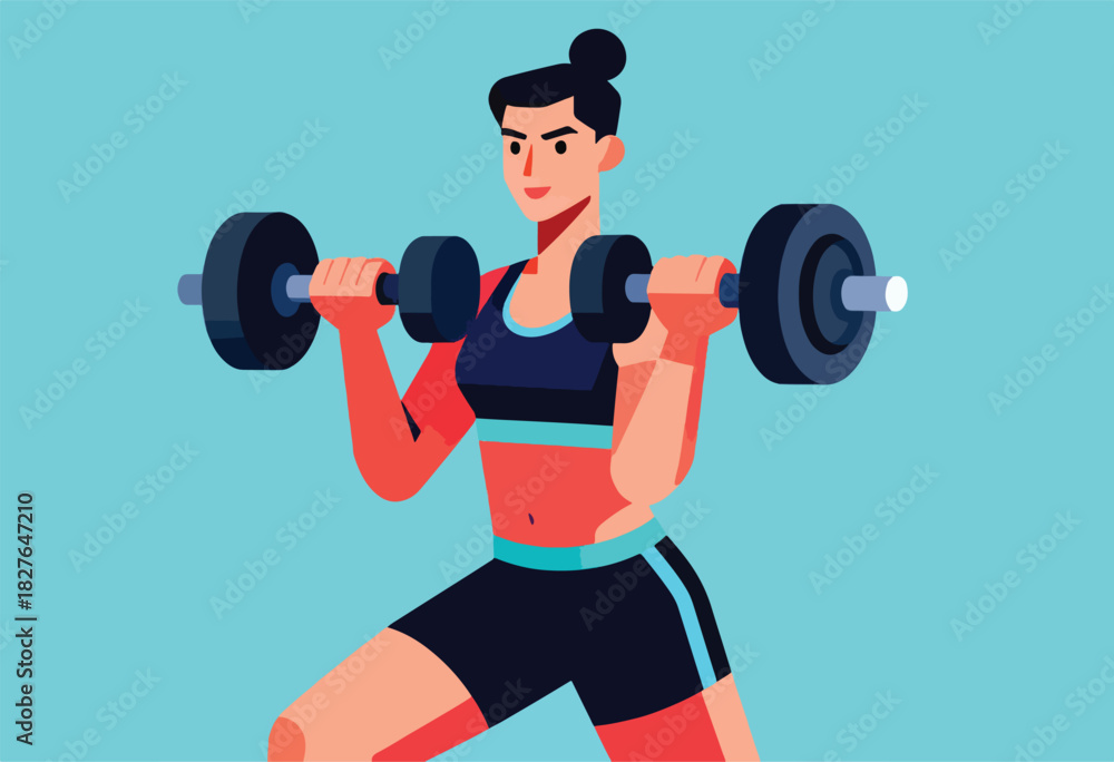 Obraz premium A woman in athletic attire lifts a barbell in a simplified, brightly colored illustration. Background is light blue