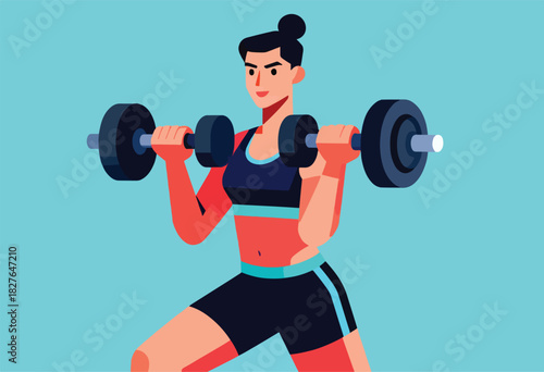 A woman in athletic attire lifts a barbell in a simplified, brightly colored illustration. Background is light blue