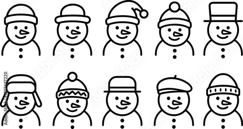 Snowman icons set. Winter holiday characters, Christmas snowmen, outline vector illustrations