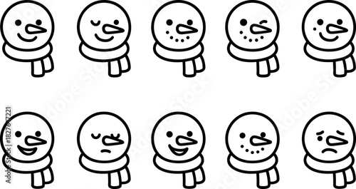 Snowman icons set. Winter holiday characters, Christmas snowmen, outline vector illustrations