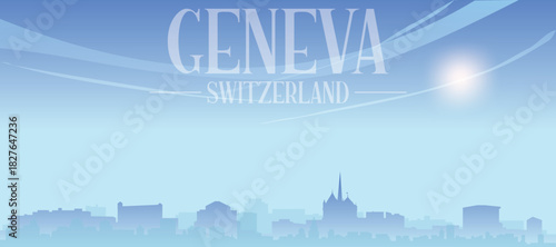 Blue panoramic poster of the city skyline with misty background buildings and clouds of GENEVA, SWITZERLAND