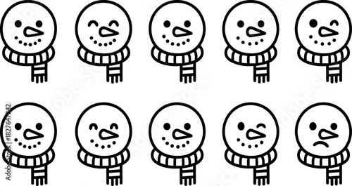 Snowman icons set. Winter holiday characters, Christmas snowmen, outline vector illustrations