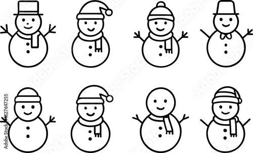 Snowman icons set. Winter holiday characters, Christmas snowmen, outline vector illustrations