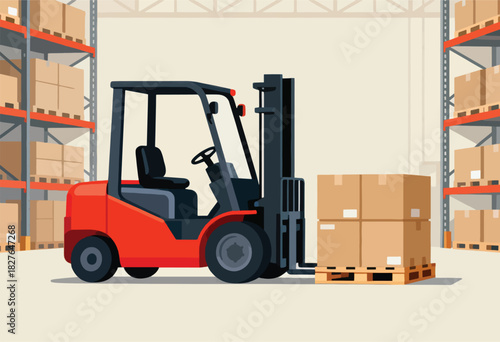 A vibrant red forklift in a warehouse setting, lifting boxes on a pallet. Shelves are filled with packaged goods