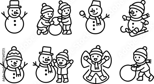 Snowman icons set. Winter holiday characters, Christmas snowmen, outline vector illustrations