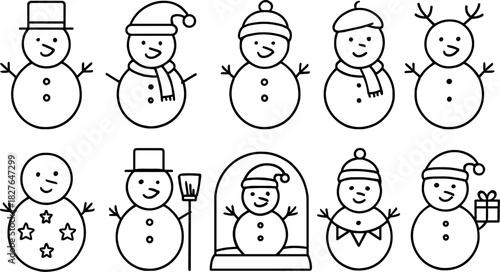 Snowman icons set. Winter holiday characters, Christmas snowmen, outline vector illustrations