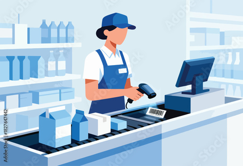 A store clerk scans items at a checkout counter with a bar-code reader, products on conveyor, blue shelves in background