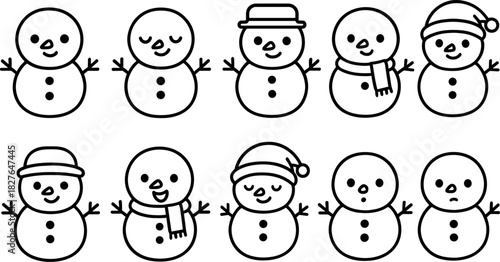 Snowman icons set. Winter holiday characters, Christmas snowmen, outline vector illustrations