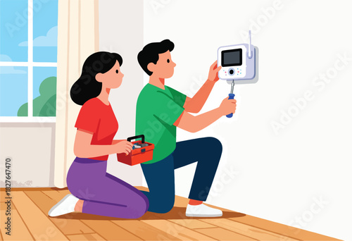 A couple, one with a screwdriver, installs a monitor on a wall, assisted by their companion