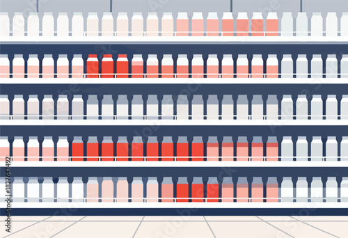 Illustration of a supermarket shelf, showcasing rows of beverages with varying red gradients. Perspective view, tiled floor