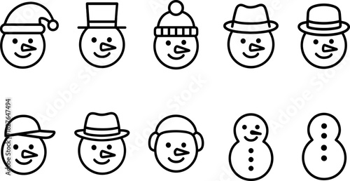 Snowman icons set. Winter holiday characters, Christmas snowmen, outline vector illustrations