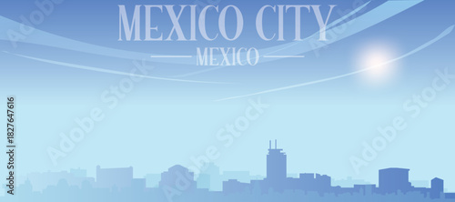 Blue panoramic poster of the city skyline with misty background buildings and clouds of MEXICO CITY, MEXICO