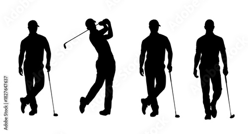 Golf player walking silhouette set - vector illustration