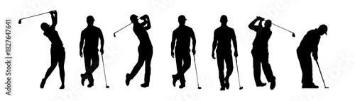 Golf player walking silhouette set - vector illustration