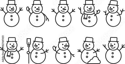 Snowman icons set. Winter holiday characters, Christmas snowmen, outline vector illustrations