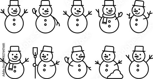 Snowman icons set. Winter holiday characters, Christmas snowmen, outline vector illustrations