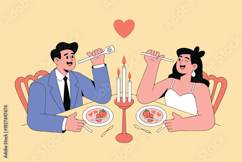 Cartoon couple enjoying a romantic dinner with candles and a floating heart