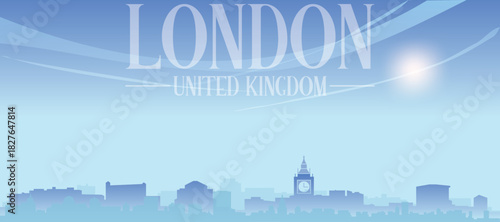 Blue panoramic poster of the city skyline with misty background buildings and clouds of LONDON, UNITED KINGDOM