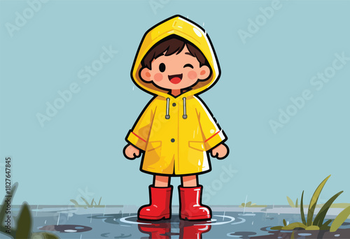 Cartoon illustration of a cheerful child wearing a yellow raincoat and red boots standing in a puddle