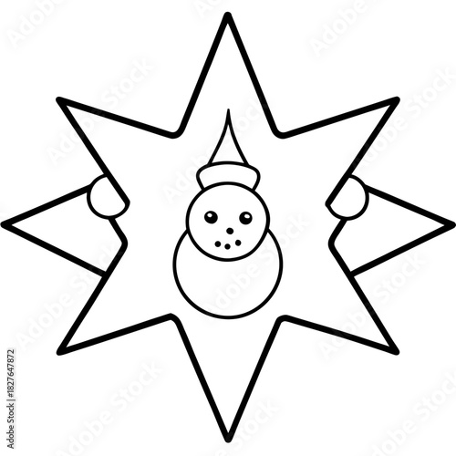 Delightful Christmas Star with a Charming Snowman Illustration in Black and White