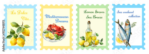 Italian Amalfi coast poster set with watercolor lemons, Mediterranean food and limoncello. Summer Italy travel design with vibrant citrus illustrations.
