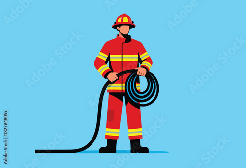 A vector illustration depicts a firefighter in red uniform with coiled hose, standing against a blue backdrop