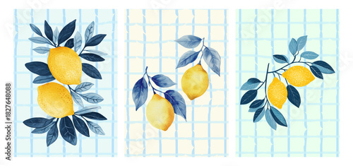 Vibrant lemon pattern with Mediterranean blue tiles and yellow citrus fruits. Italian ceramic design perfect for summer backgrounds, wedding cards, or Amalfi-inspired decor.