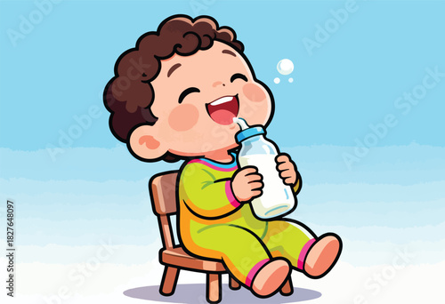 Cute illustration of a baby enjoying a bottle. The child is smiling while seated on a small wooden chair