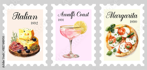 Vibrant Italy travel poster set featuring Amalfi Coast scenes, fresh pizza Margarita, golden lemons, and summer limoncello cocktails in Mediterranean style frames.