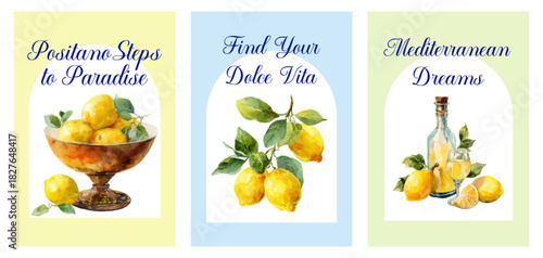 Bright collection of watercolors showing the charm of the Italian coast with citrus fruits and bottles of limoncello. Mediterranean lemon posters. Perfect set of summer travel posters.