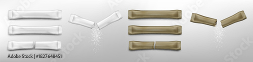 Sugar Stick Sachets Mockup – White and Brown Paper Sugar Packets Whole and Opened with Granulated Sugar Falling