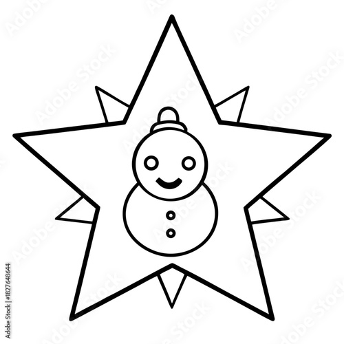 Festive Holiday Snowman Inside a Christmas Star Decoration Simple Outline Vector Illustration