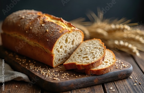 Fresh whole grain bread loaf sliced on rustic wooden board. Homemade sourdough with a crispy crust for healthy breakfast. Organic bakery food on dark kitchen table with wheat ears.