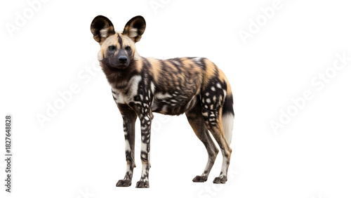 Painted Dog Standing. African Wild Dog on White
