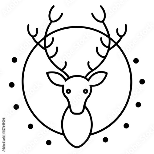 Minimalist line art of a deer with antlers inside a circle surrounded by dots