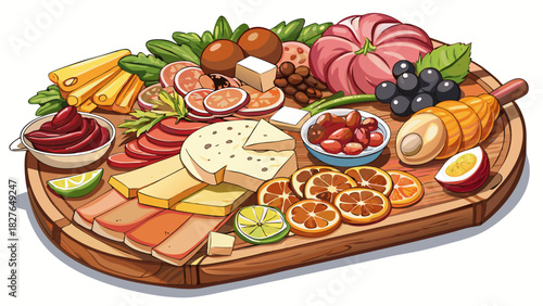 Very beautiful semi-realistic vector illustration of a charcuterie board, featuring an assortment of cheeses, cured meats, nuts, fruits, and crackers arranged artfully, isolated on a clean white backg