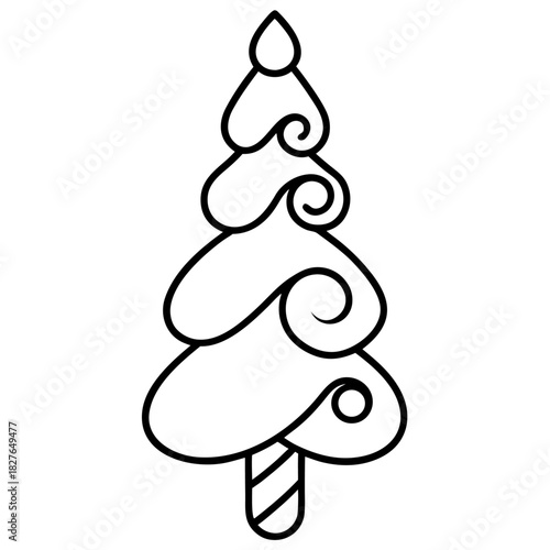Stylized Christmas Tree Line Art Illustration with Curled Branches and Candy Cane Trunk