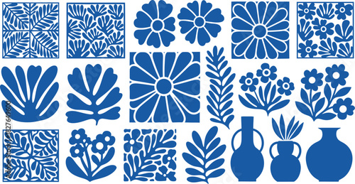 Blue floral and botanical vector pattern elements simple Matisse style design perfect for backgrounds textiles and decorative applications