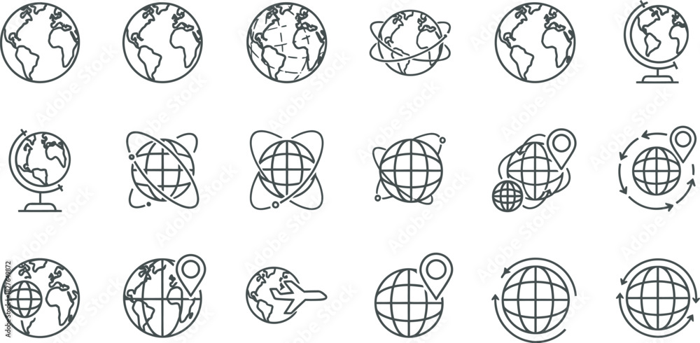 Fototapeta premium Set of globe icons simple line art vector illustration perfect for geography travel or international business designs