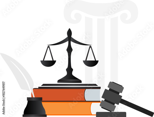 Law and justice concept. Gavel, judge books, pen, and scales.