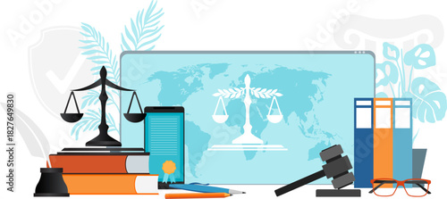 Law and justice concept. Gavel, judge books, pen, documents and scales. Online lawyer legal advice.
