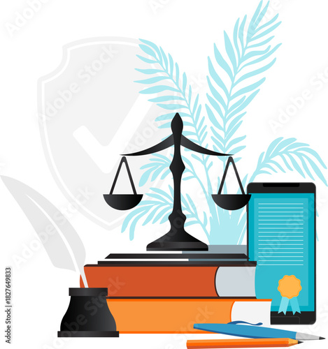 Law and justice concept. Gavel, judge books, pen and scales. Online lawyer legal advice.