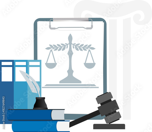 Law and justice concept. Gavel, judge books, pen, documents and scales.