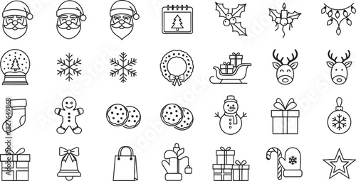 Christmas and winter line icon set vector outline design elements for holiday season isolated on white background