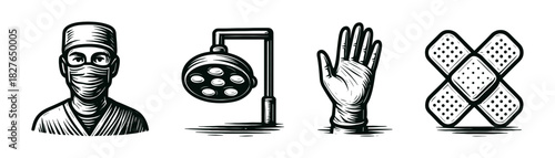 Medical surgery vintage engraving icons set, surgeon lamp glove bandage